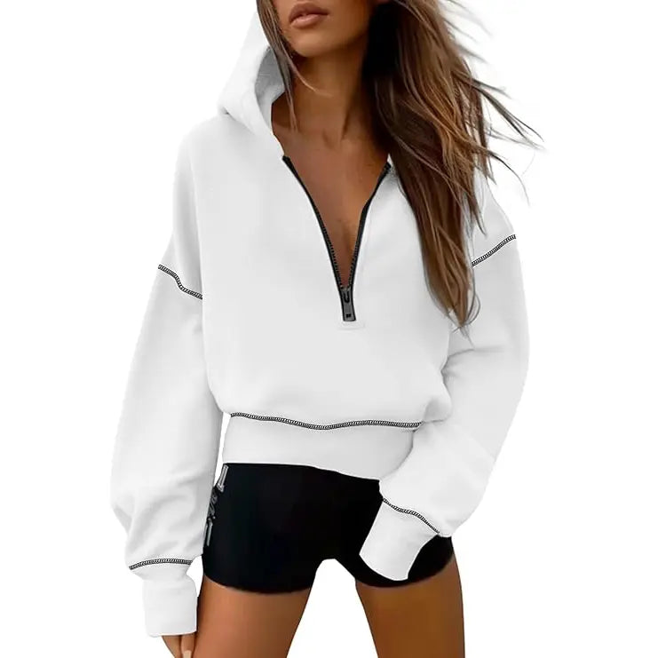 ✨✨Women's Pink Hooded Sweatshirt Long Sleeve Half Zip Cropped Pullover with Zipper & Stitching Detail for Winter Fashion