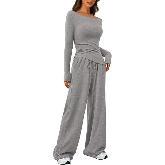 ✨✨Women's 2-Piece Lounge Set Asymmetrical Long Sleeve T-Shirt & Wide Leg Pants Casual Fitted Tracksuit Loungewear Basic Minimalist Clothing with Drawstring & Pockets