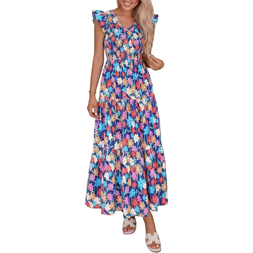 ✨✨Women's Cotton Boho Floral Maxi Dress Summer Smocked V Neck Ruffle Sleeve Spring Flowy Beach Vacation Sundresses