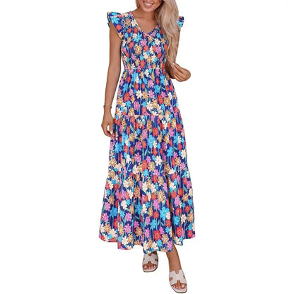 ✨✨Women's Cotton Boho Floral Maxi Dress Summer Smocked V Neck Ruffle Sleeve Spring Flowy Beach Vacation Sundresses