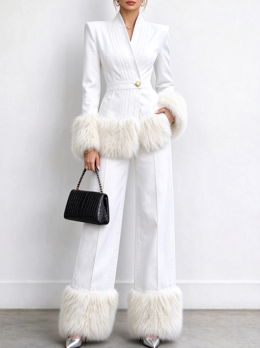 💛LAST DAY SAVE 49% ⏰Women's Tailored Denim Jacket with Faux Fur Trim-FREE Handbag