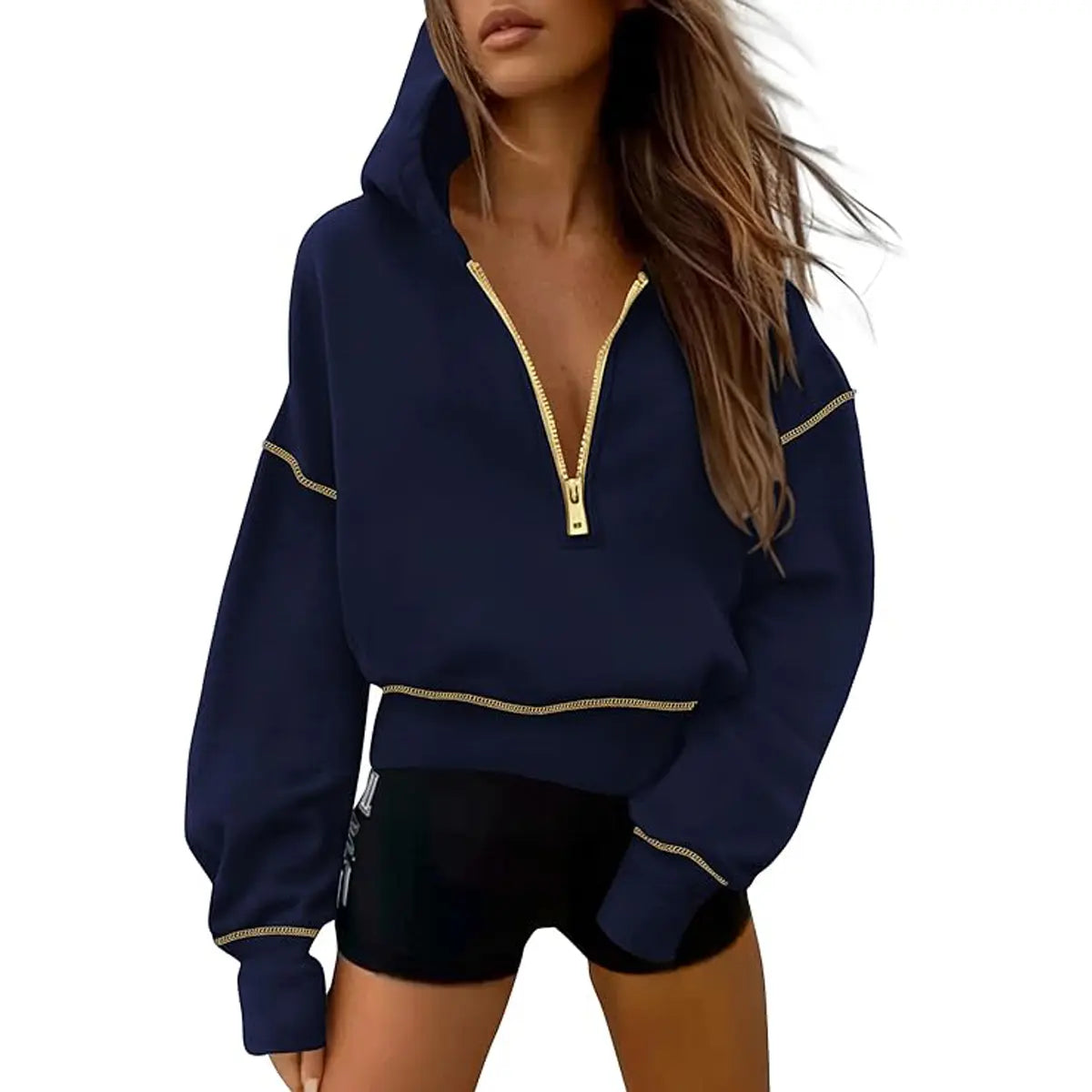 ✨✨Women's Pink Hooded Sweatshirt Long Sleeve Half Zip Cropped Pullover with Zipper & Stitching Detail for Winter Fashion