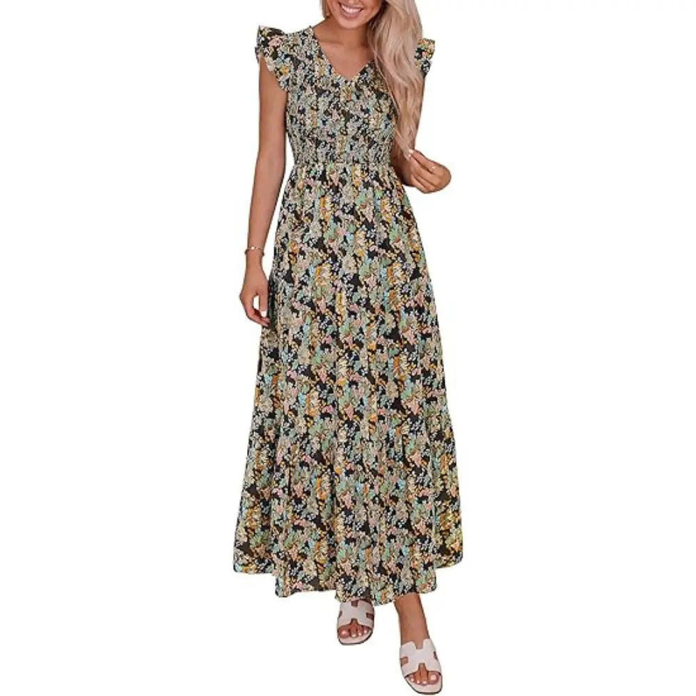 ✨✨Women's Cotton Boho Floral Maxi Dress Summer Smocked V Neck Ruffle Sleeve Spring Flowy Beach Vacation Sundresses