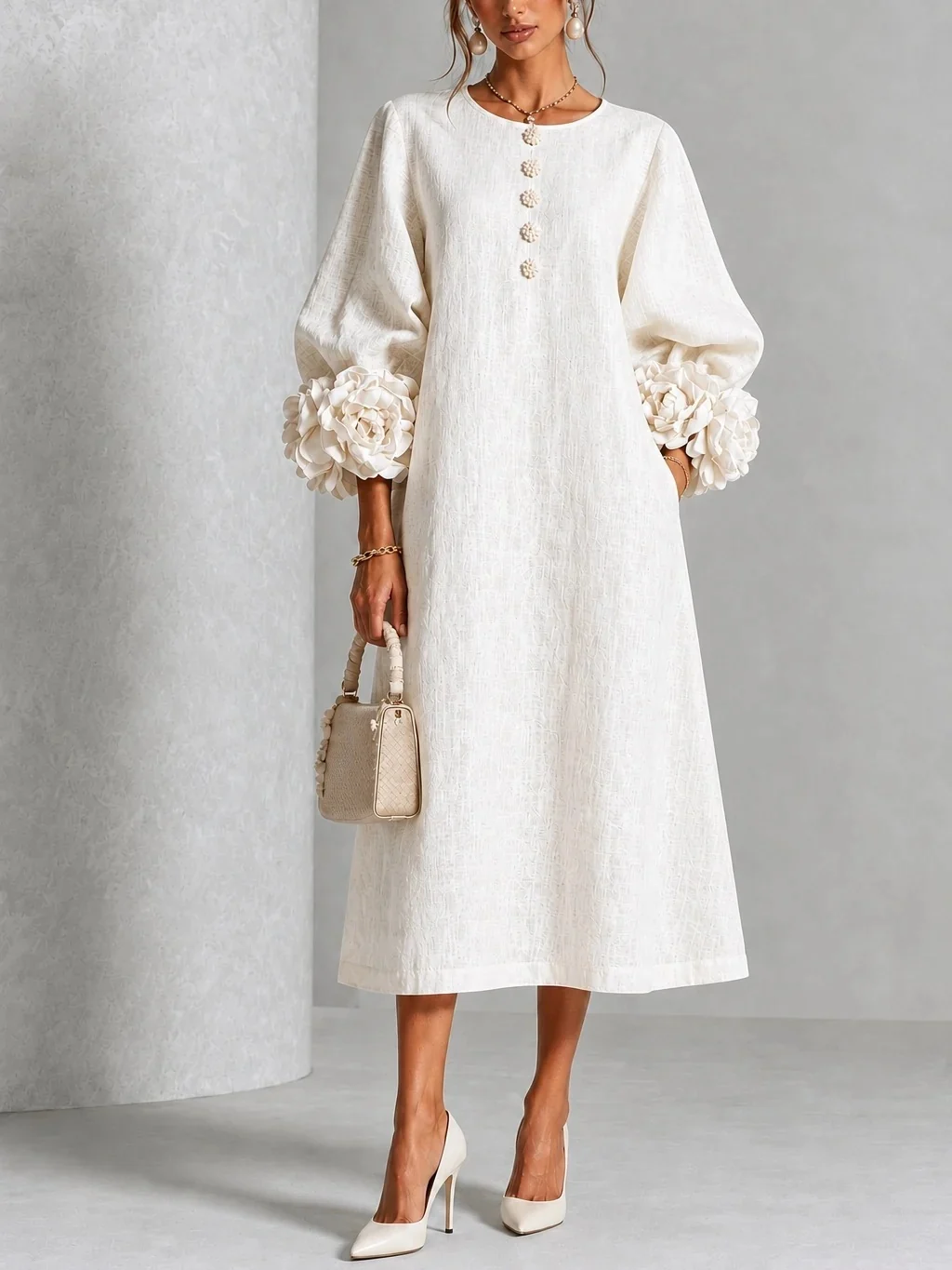 💛Chic Chambray Denim 3D Rosette Sleeve Midi Dress-✨FREE Handbag