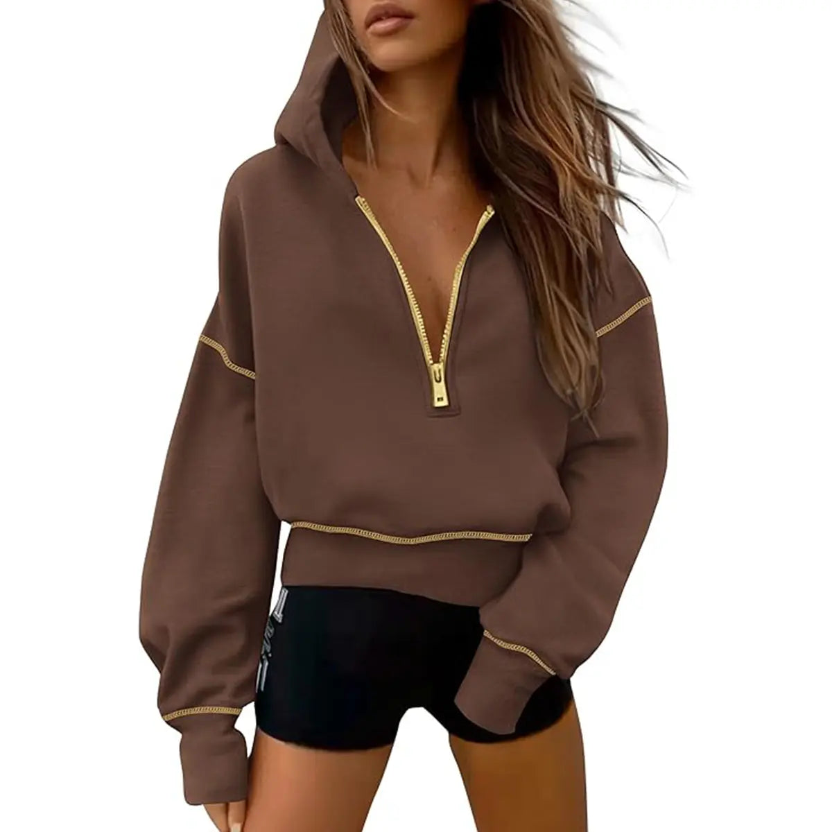 ✨✨Women's Pink Hooded Sweatshirt Long Sleeve Half Zip Cropped Pullover with Zipper & Stitching Detail for Winter Fashion