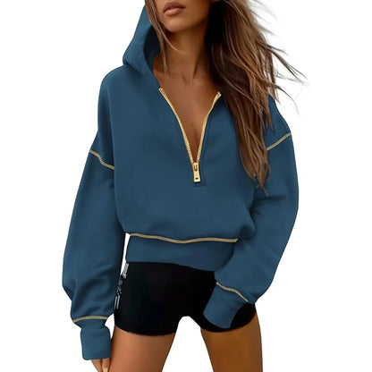 ✨✨Women's Pink Hooded Sweatshirt Long Sleeve Half Zip Cropped Pullover with Zipper & Stitching Detail for Winter Fashion