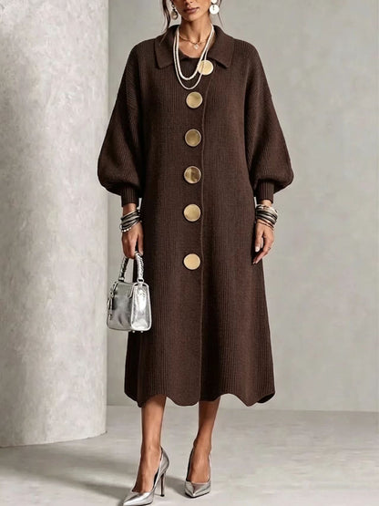 🤲LAST DAY SAVE 49% ⏰Long-sleeve Knit Dress With A Large Metal Buckle, Lapel Collar, And Lantern Sleeves— FREE Handbag