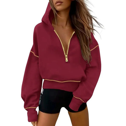 ✨✨Women's Pink Hooded Sweatshirt Long Sleeve Half Zip Cropped Pullover with Zipper & Stitching Detail for Winter Fashion