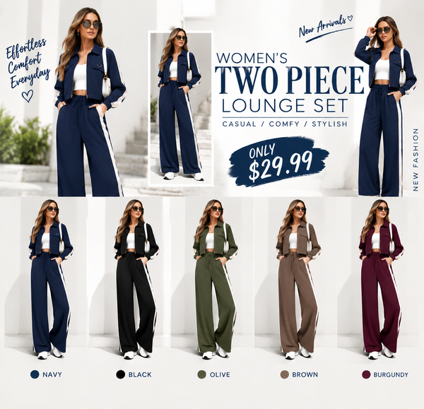 💚Casual Women's Two-Piece Set with High Waist Pants and Short Zipper Jacket, Polyester, Multiple Colors