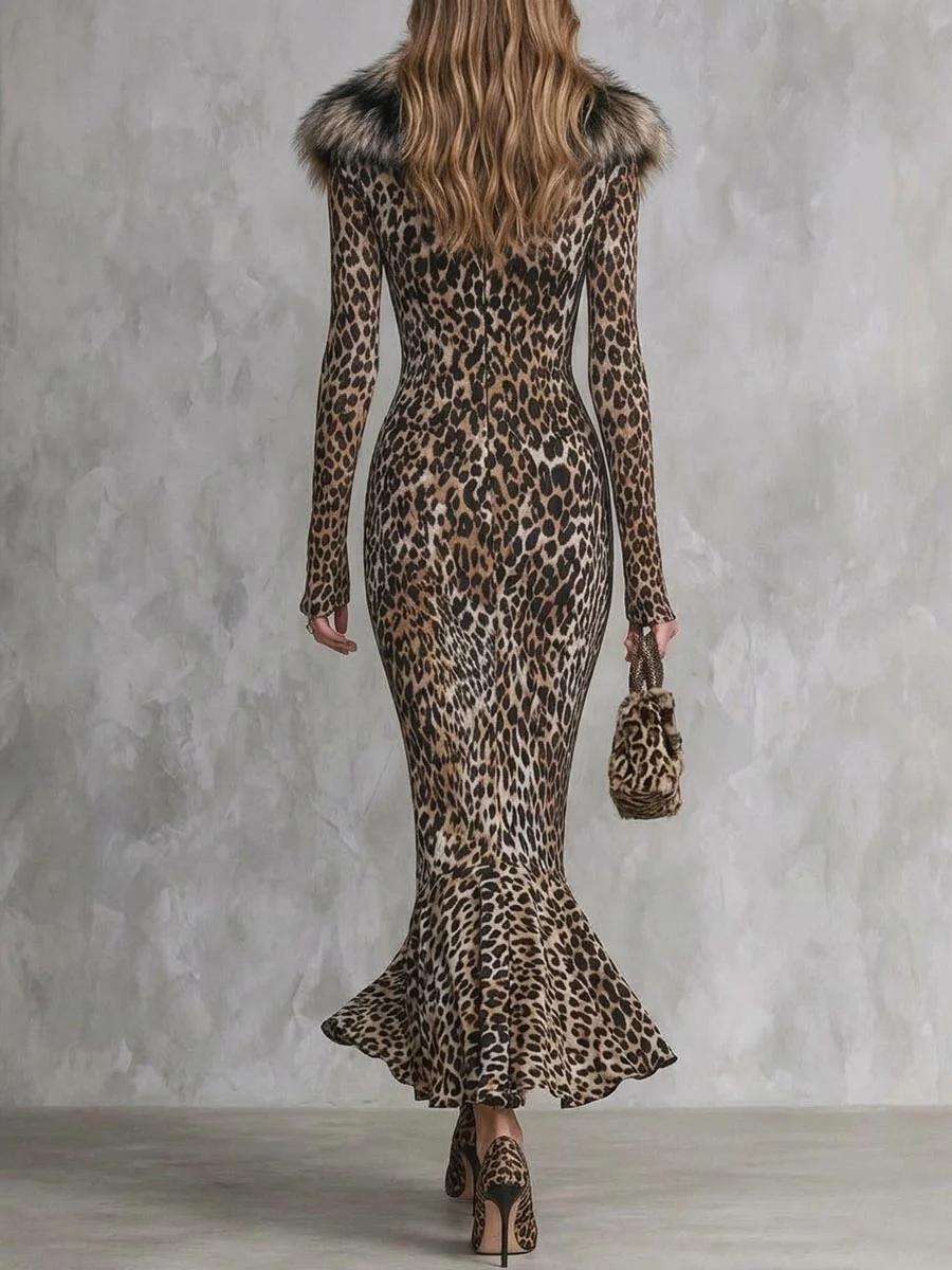 💛LAST DAY SAVE 49% ⏰Leopard Print Long Sleeve Maxi Dress With Faux Fur Collar