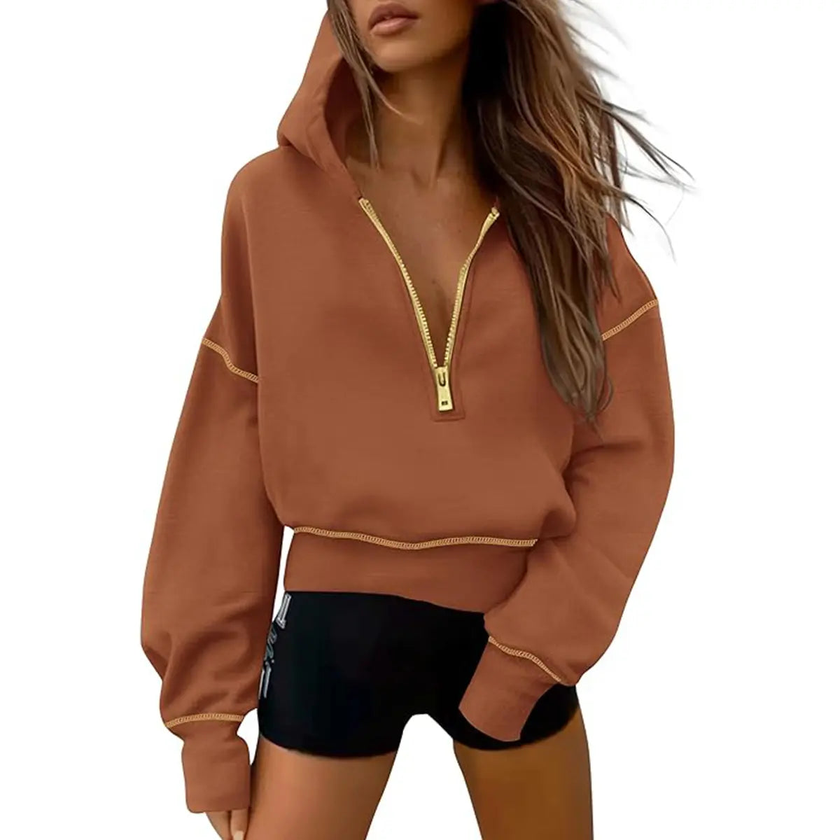 ✨✨Women's Pink Hooded Sweatshirt Long Sleeve Half Zip Cropped Pullover with Zipper & Stitching Detail for Winter Fashion