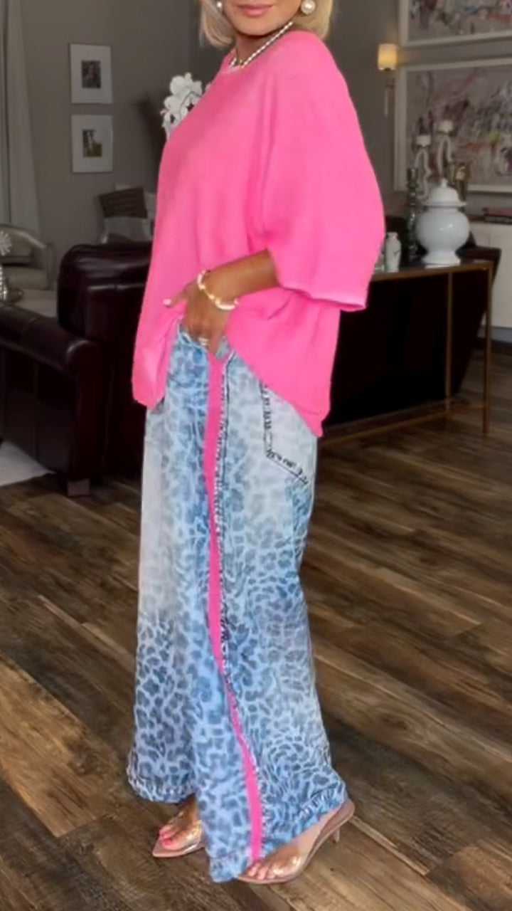 ✨✨2026 Hot Sale - Womens Round Neck Solid Color Top+ Leopard Print Pants Casual Set
