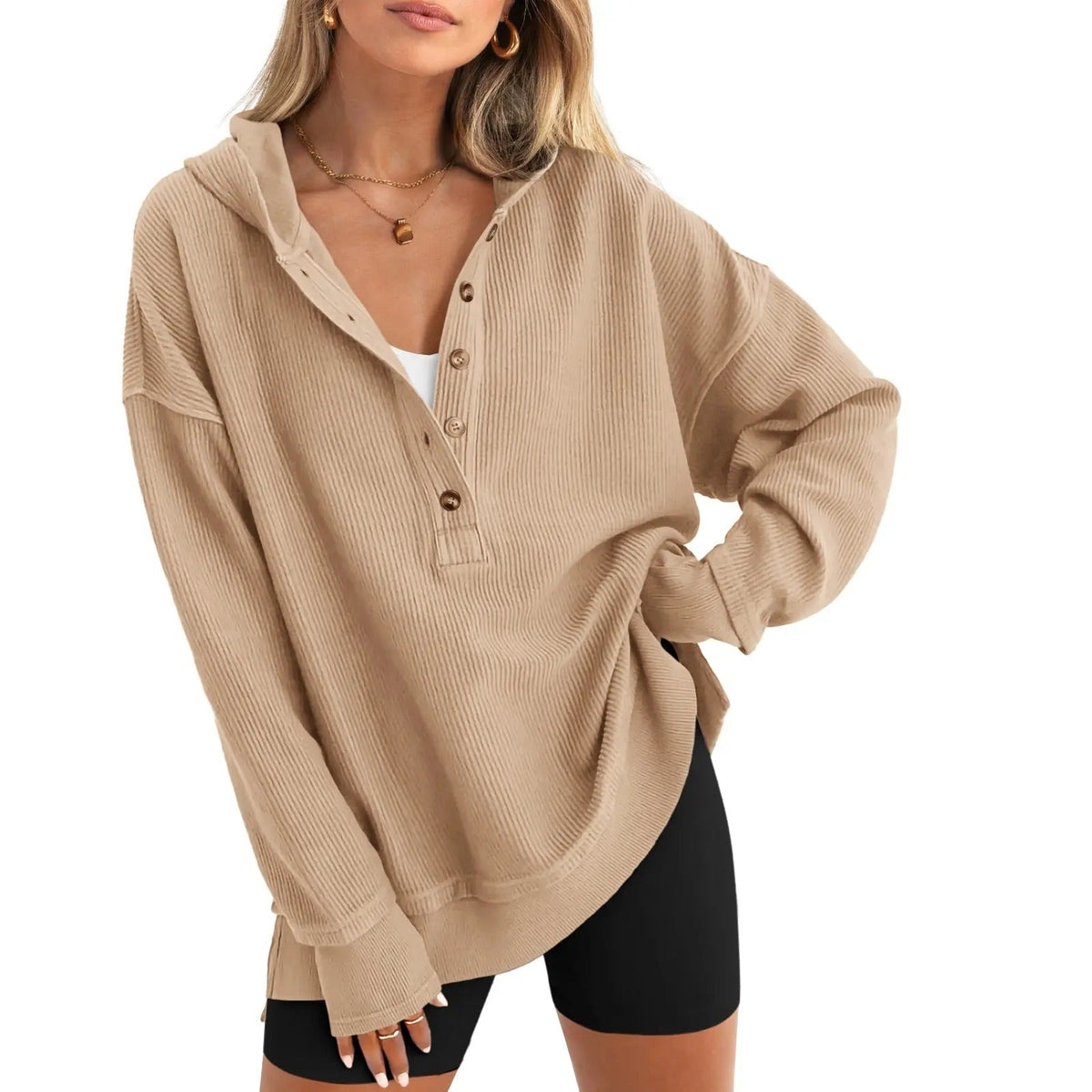 🤲Women's Oversized Button V-Neck Hoodie Sweatshirt Long Sleeve Side Slit Casual Fall Pullover Top