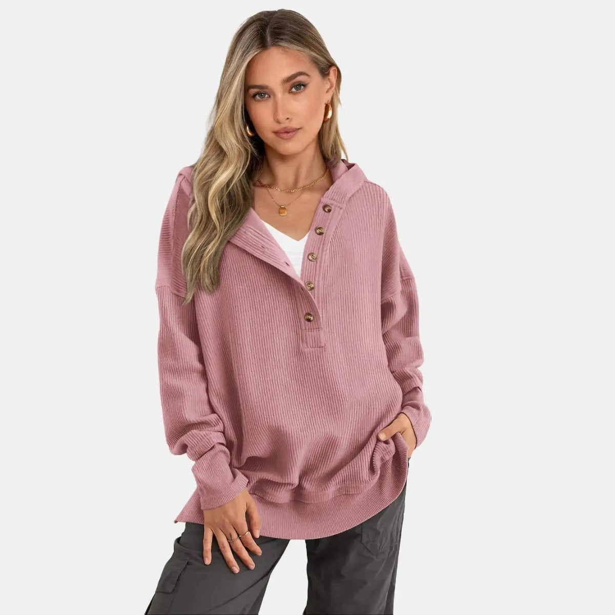 🤲Women's Oversized Button V-Neck Hoodie Sweatshirt Long Sleeve Side Slit Casual Fall Pullover Top