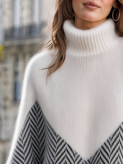 🅶Women's Chevron Color-Block Turtleneck Sweater | Cozy Knit Pullover