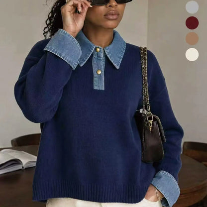 💚Korean Style Denim Patchwork Knit Pullover Sweater for Women