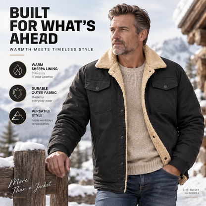 💚Men's Sherpa-Lined Trucker Jacket – Heavyweight Cargo Work Coat with Fleece Lining