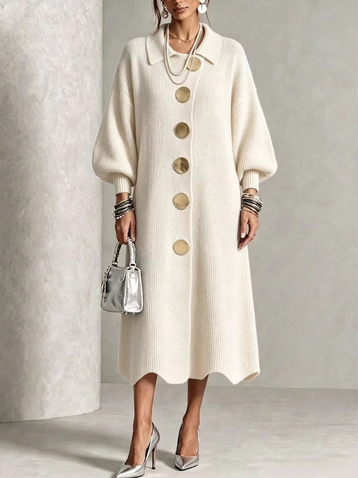 🤲LAST DAY SAVE 49% ⏰Long-sleeve Knit Dress With A Large Metal Buckle, Lapel Collar, And Lantern Sleeves— FREE Handbag