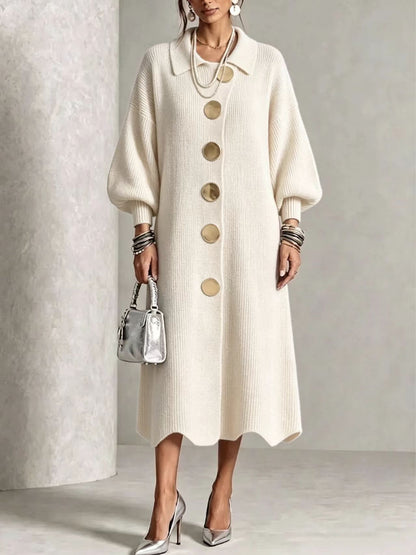 🤲LAST DAY SAVE 49% ⏰Long-sleeve Knit Dress With A Large Metal Buckle, Lapel Collar, And Lantern Sleeves— FREE Handbag
