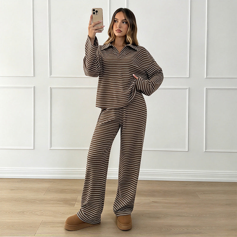 💚Long-sleeve collared striped casual wide-leg pant set
