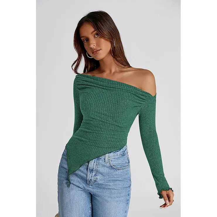 ✨✨Women's Long Sleeve Crop Top Trendy Off Shoulder Asymmetrical Fitted Knit Tee Shirts Going Out Ribbed Tops Womenswear Knitwear Basic Minimalist Minimalist