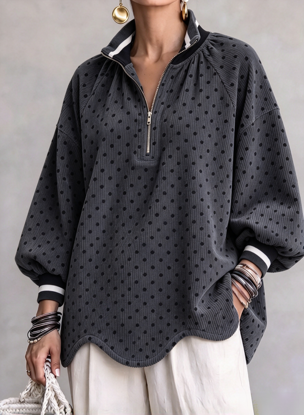 🤲LAST DAY SAVE 49% ⏰Chic Polka Dot Corduroy Zip-Up Pullover