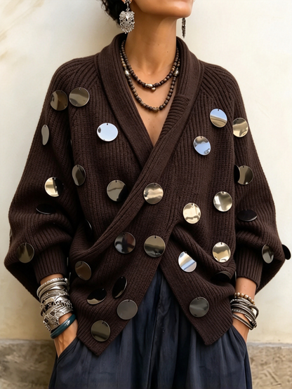 🤲LAST DAY SAVE 49% ⏰Embellished Metallic-Disk Wrap Cardigan