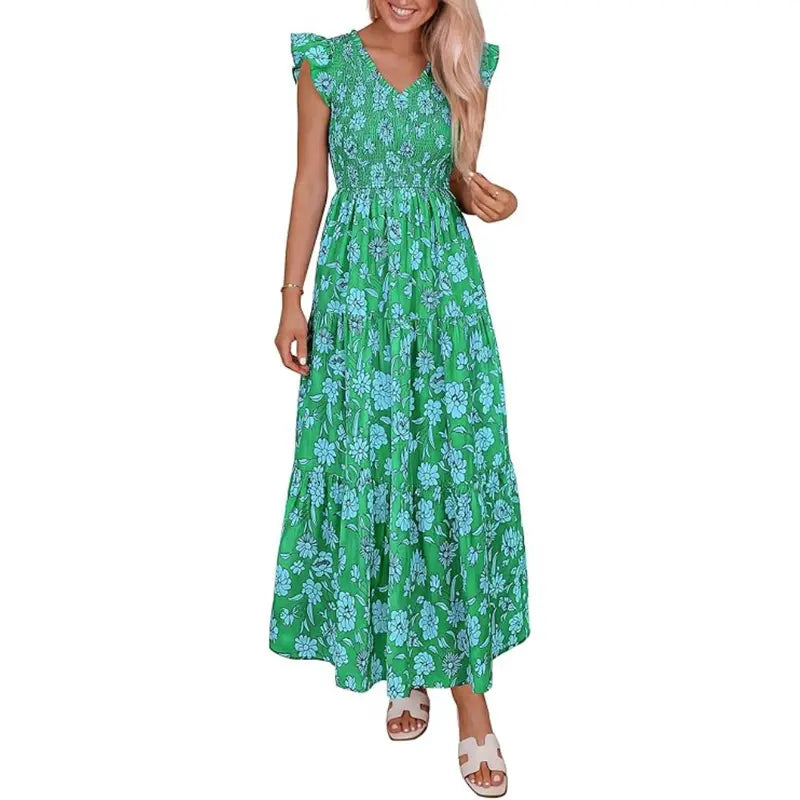 ✨✨Women's Cotton Boho Floral Maxi Dress Summer Smocked V Neck Ruffle Sleeve Spring Flowy Beach Vacation Sundresses