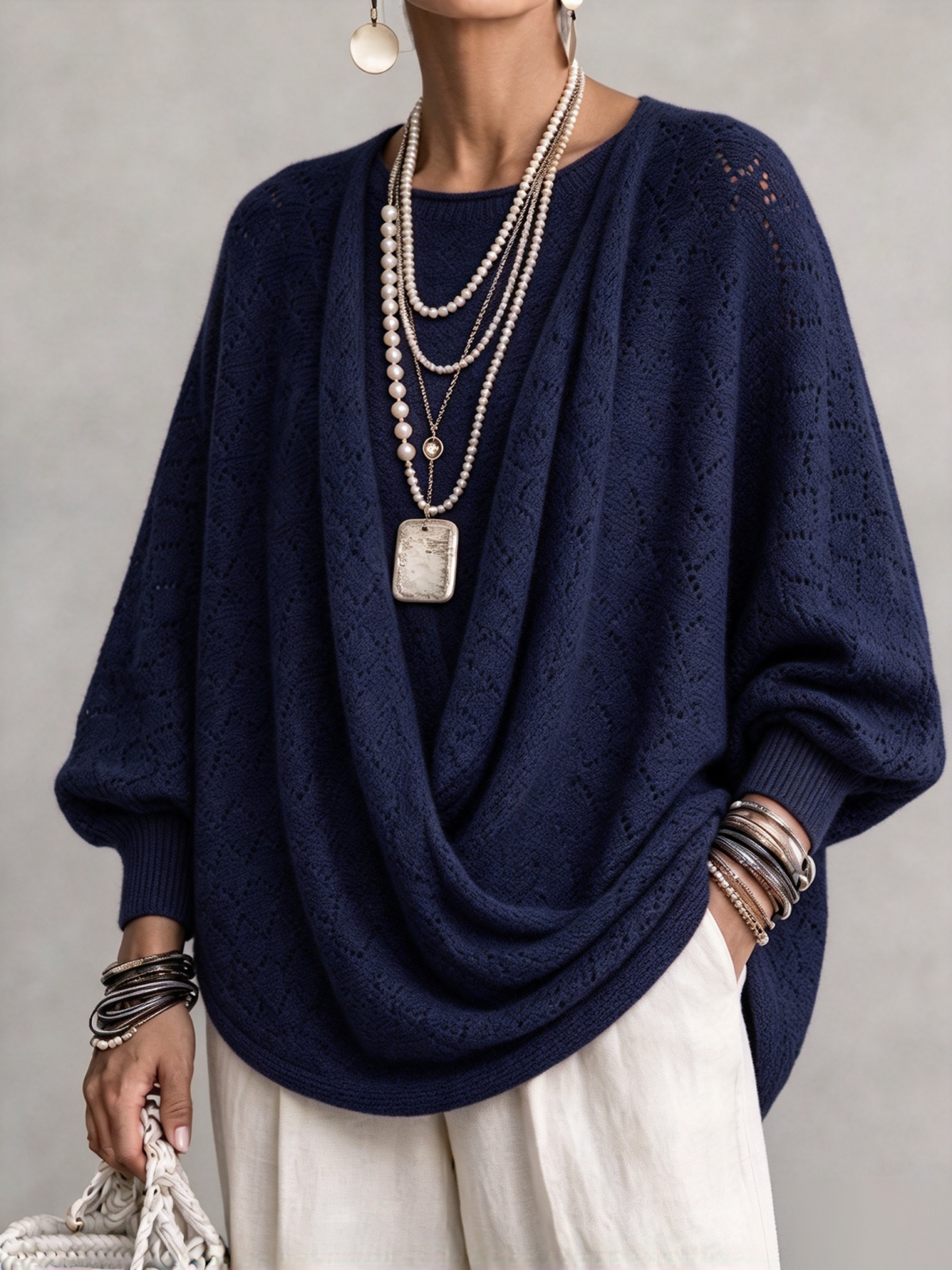 💛LAST DAY SAVE 49% ⏰Knit Top With A Cowl Neck, Cut-out Details, And Lantern Sleeves.