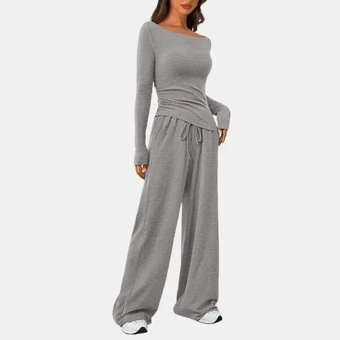 ✨✨Women's 2-Piece Lounge Set Asymmetrical Long Sleeve T-Shirt & Wide Leg Pants Casual Fitted Tracksuit Loungewear Basic Minimalist Clothing with Drawstring & Pockets