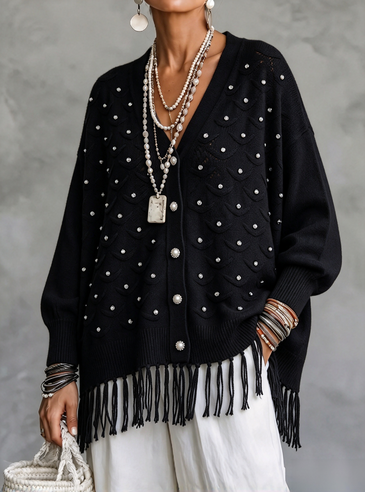 🤲LAST DAY SAVE 49% ⏰Cozy Fringed Shinny Beaded V-Neck Cardigan