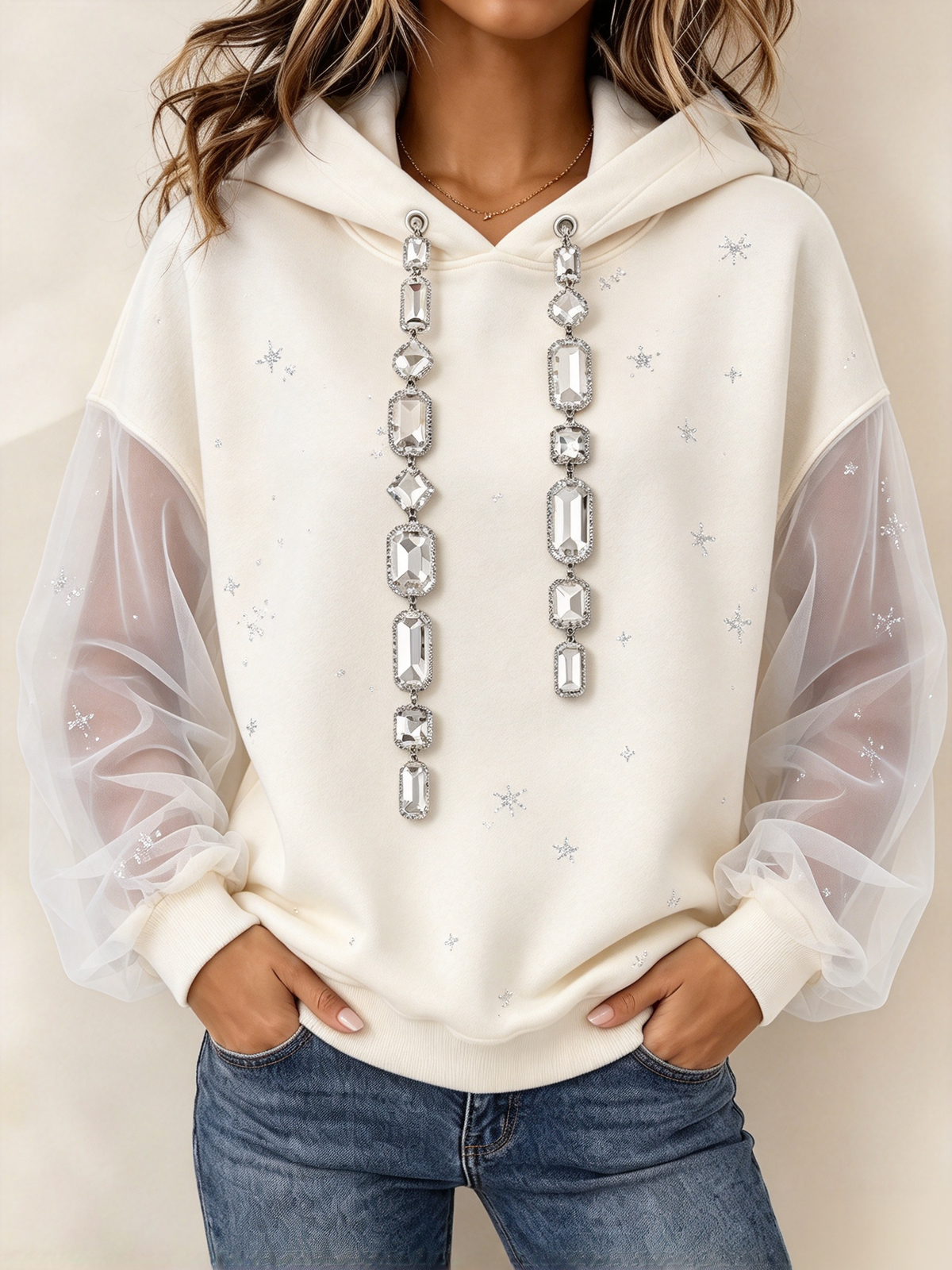 🤲LAST DAY SAVE 49% ⏰Chic Rhinestone-embellished Hoodie With Sheer Drawstring Sleeves