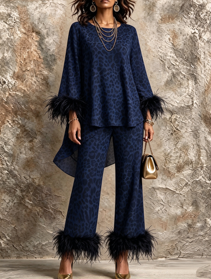 💛LAST DAY SAVE 49% ⏰Chic Leopard Print Feather-Trimmed Two-Piece Set