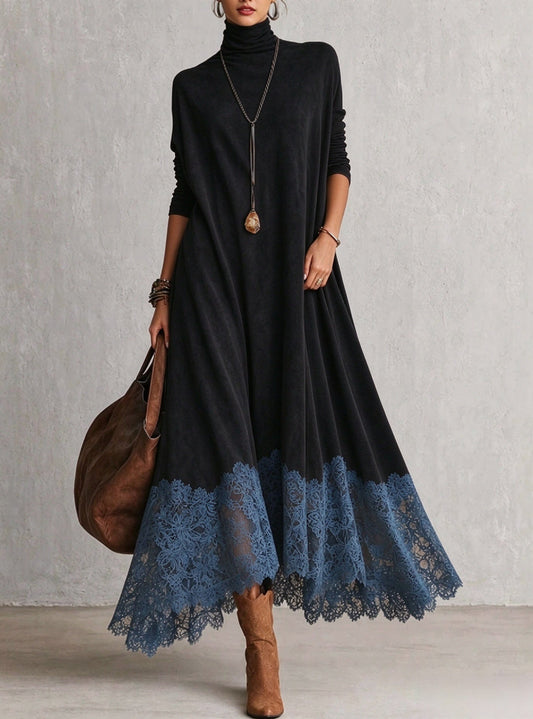💛LAST DAY SAVE 49% ⏰Women's Casual Loose-fit A-line Dress With Lace Paneling, High Neck, And Long Sleeves-Free bag🎁