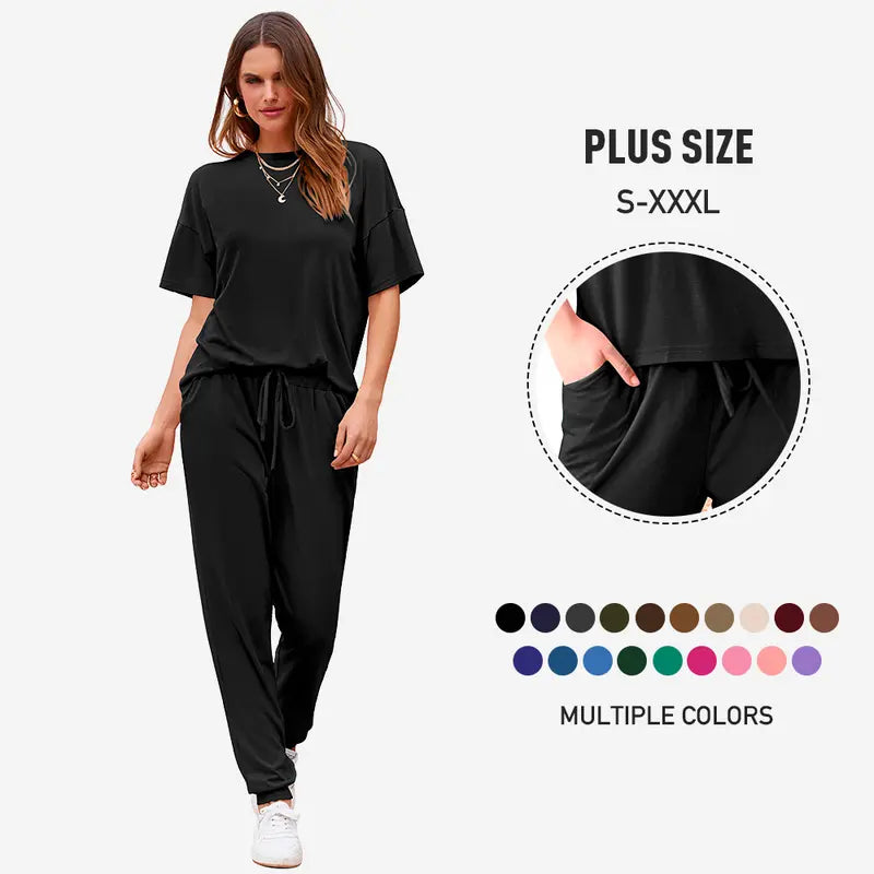 ✨✨Women's 2-Piece Set Outfits S-XXXL Crew Neck Short Sleeve Tracksuit Jogger Set With Drawstring and Pockets Comfy Lounge Wear#springtok