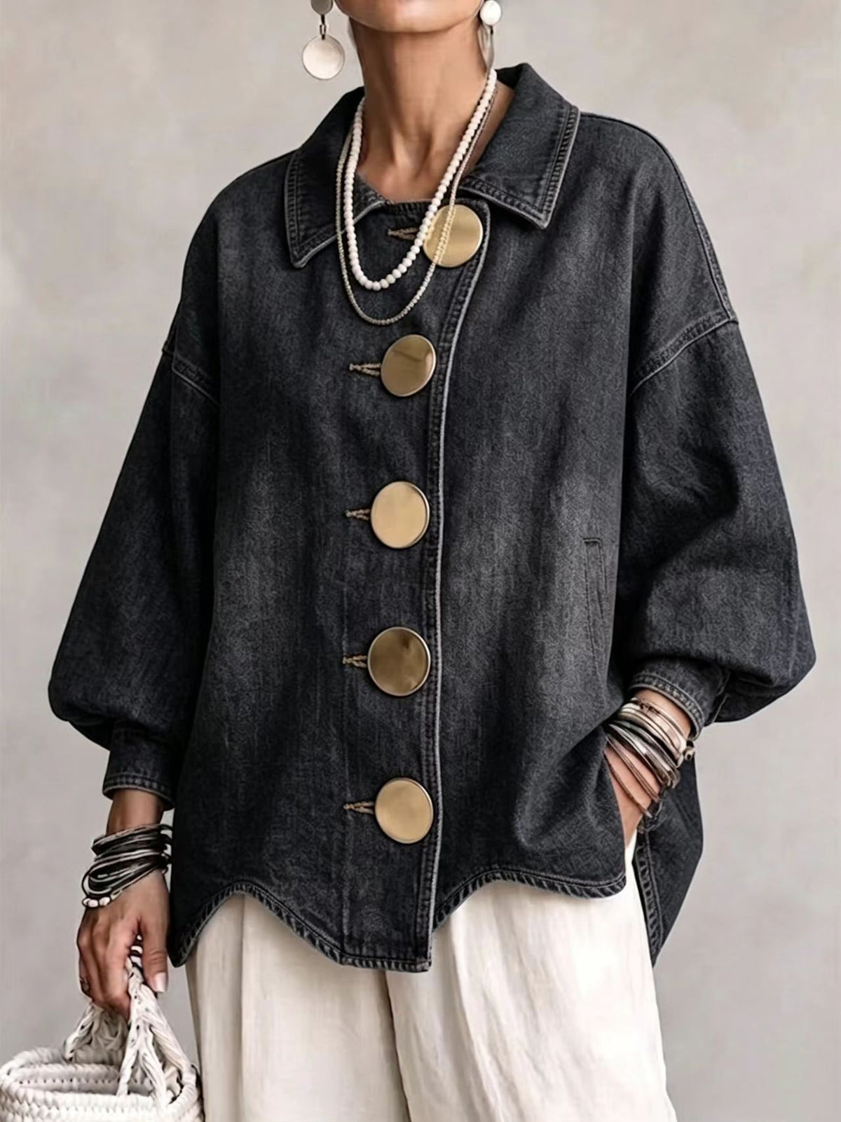 💛LAST DAY SAVE 49% ⏰Collared Oversized Denim Jacket With Large Metal Buttons