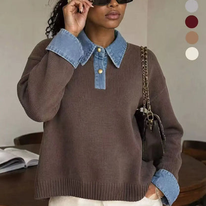 💚Korean Style Denim Patchwork Knit Pullover Sweater for Women