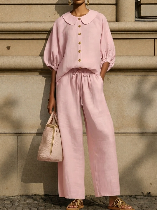 🌿Stylish Linen 2-Piece | Peter Pan Collar Shirt + Wide Leg Pants