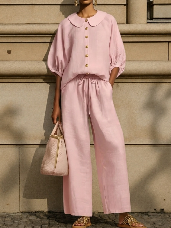 🌿Stylish Linen 2-Piece | Peter Pan Collar Shirt + Wide Leg Pants