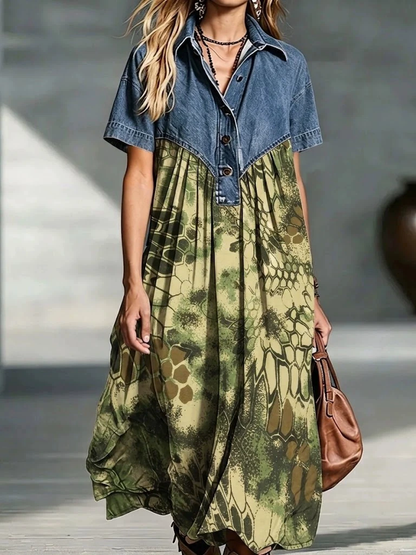 💛Women’s Denim Spliced Gradient Leopard Print Shirt Midi Dress