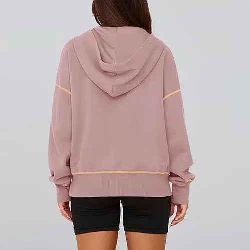 ✨✨Women's Pink Hooded Sweatshirt Long Sleeve Half Zip Cropped Pullover with Zipper & Stitching Detail for Winter Fashion