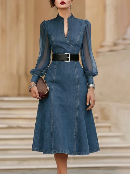 ✨✨Last Day 49% OFF🎁Stylish Denim Dress With Organza Sleeve Panels.