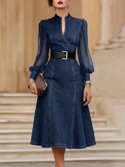 ✨✨Last Day 49% OFF🎁Stylish Denim Dress With Organza Sleeve Panels.