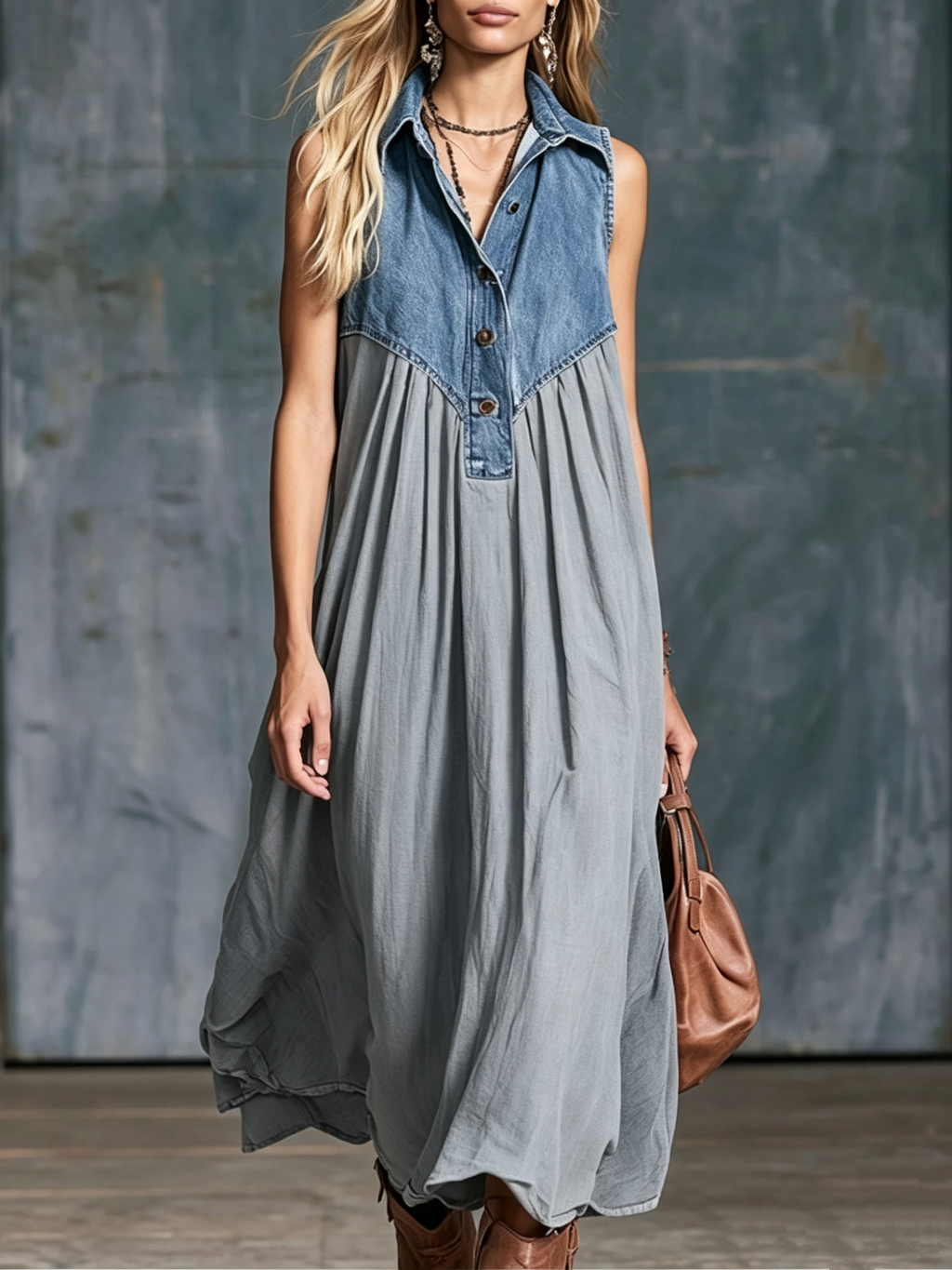 🤲LAST DAY SAVE 49% ⏰Women’s Denim Spliced Gradient Leopard Print Shirt Midi Dress