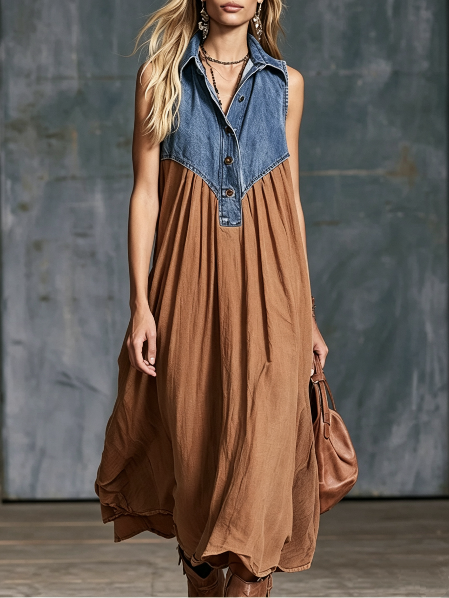 🤲LAST DAY SAVE 49% ⏰Women’s Denim Spliced Gradient Leopard Print Shirt Midi Dress