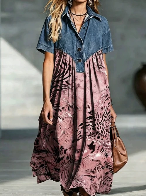 🤲LAST DAY SAVE 49% ⏰Women’s Denim Spliced Gradient Leopard Print Shirt Midi Dress