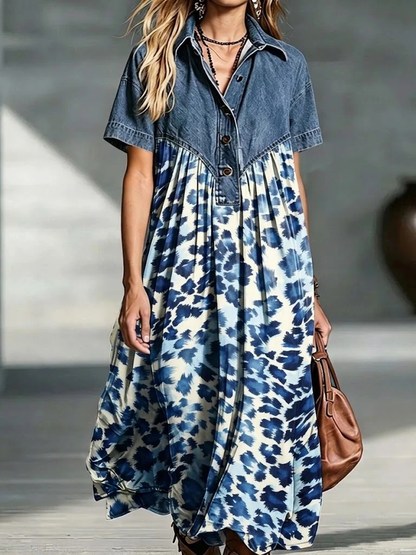 🤲LAST DAY SAVE 49% ⏰Women’s Denim Spliced Gradient Leopard Print Shirt Midi Dress