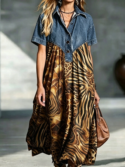 🤲LAST DAY SAVE 49% ⏰Women’s Denim Spliced Gradient Leopard Print Shirt Midi Dress