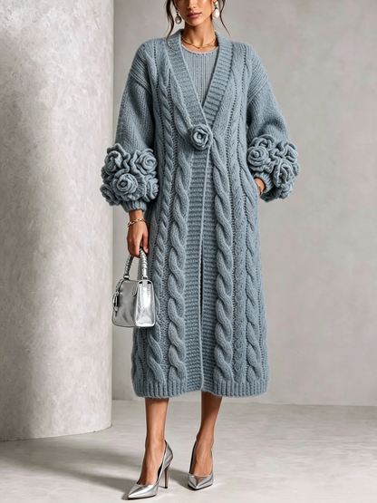 🤲LAST DAY SAVE 49% ⏰Chic Cream Floral Accented Cable-Knit Cardigan— FREE Handbag