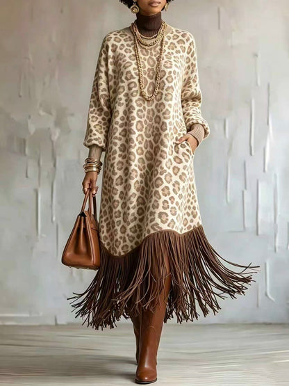 💛LAST DAY SAVE 49% ⏰Boho Chic Wild Leopard Fringe Dress— FREE Handbag